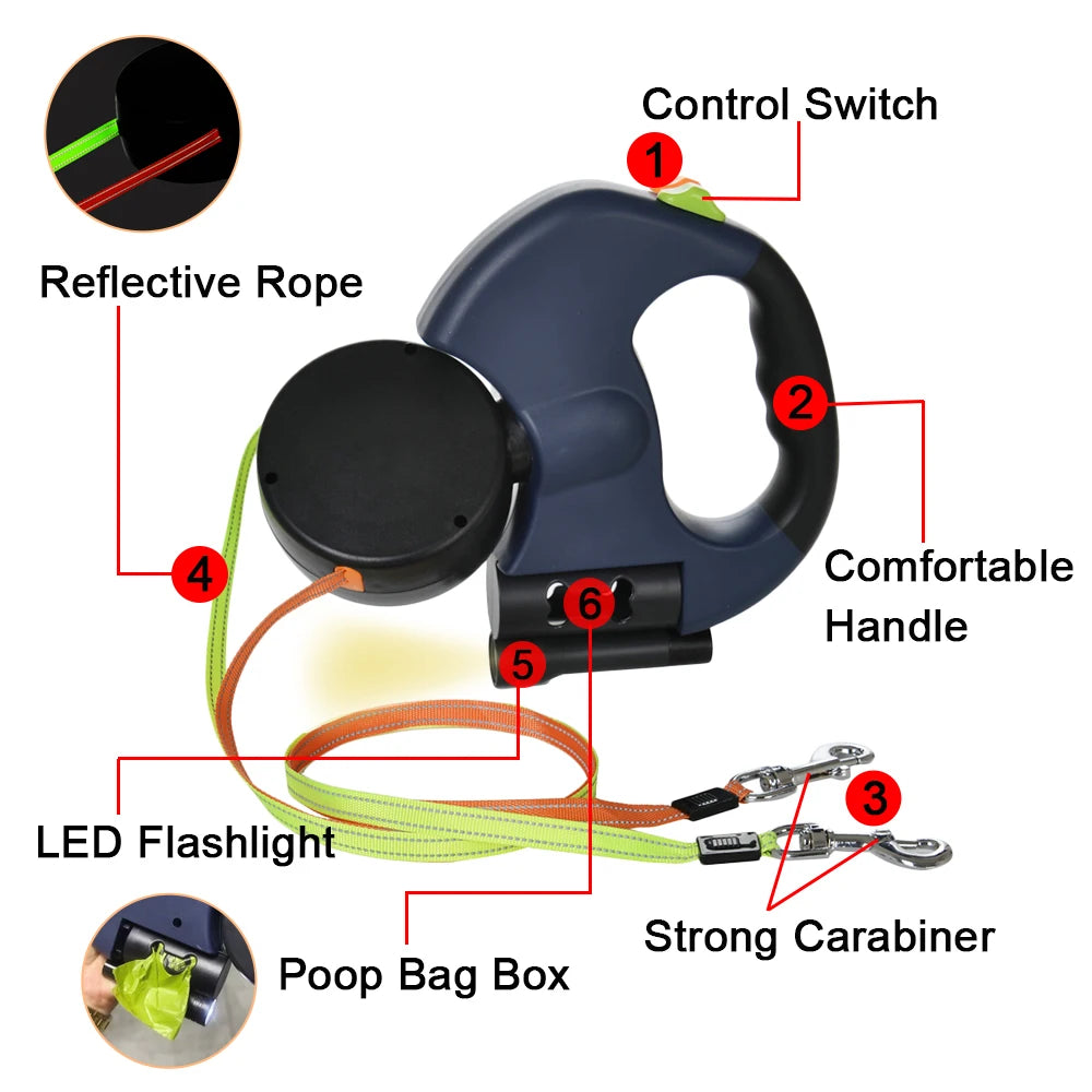 360 Swivel Retractable Dog Leash - No Tangle Reflective Leash with LED Lights 