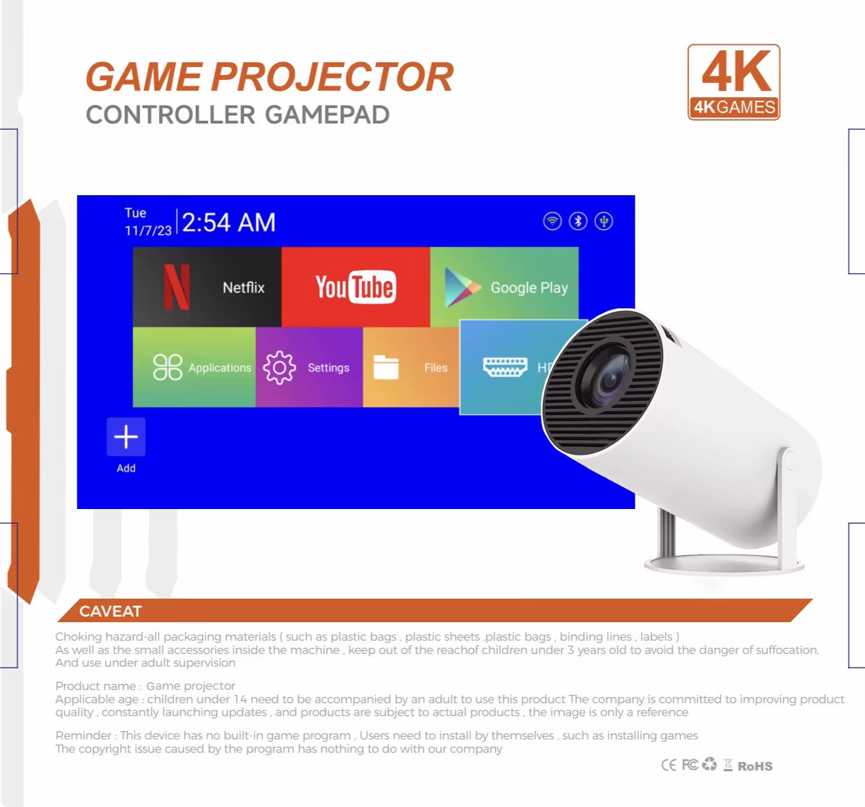 3D Game Projector 2 in 1 F300 Controller Game - 4K Portable Mini Projector